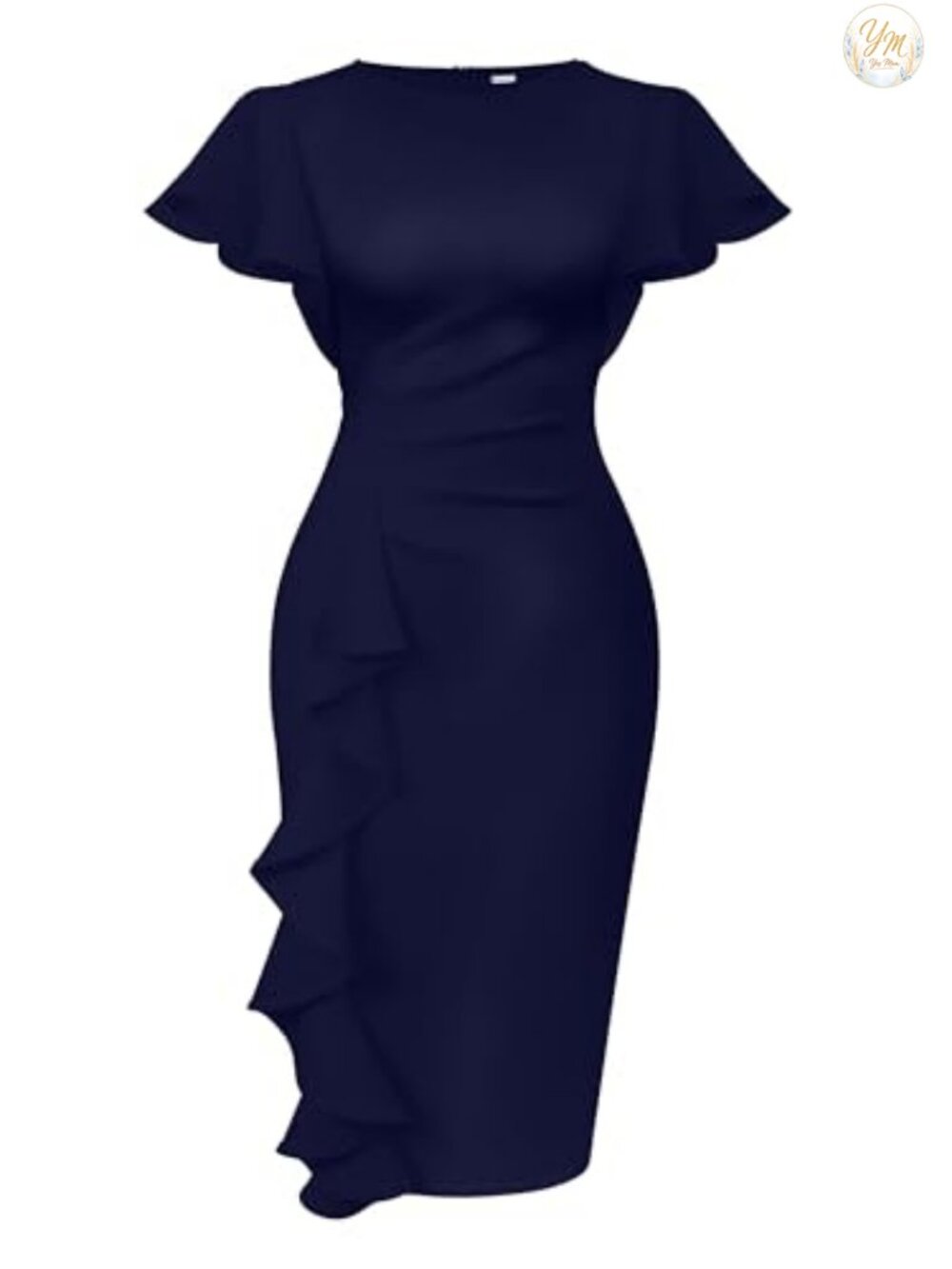 Ruffle Sleeve Ruched Bodycon Midi Work Dress